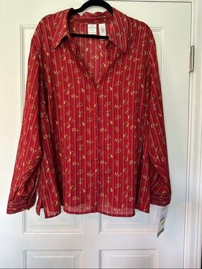 Emma James Red and Gold Striped Floral Button-Front Blouse Size 22W NWT